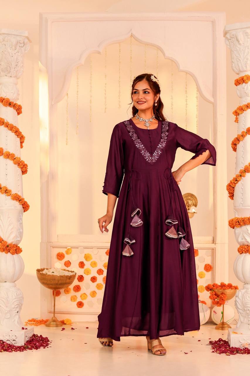 Luxurious Wine Embroidered V-Neck Anarkali Dress