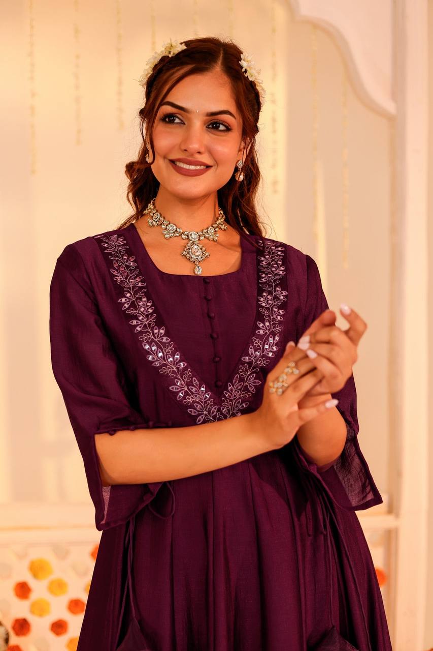 Luxurious Wine Embroidered V-Neck Anarkali Dress