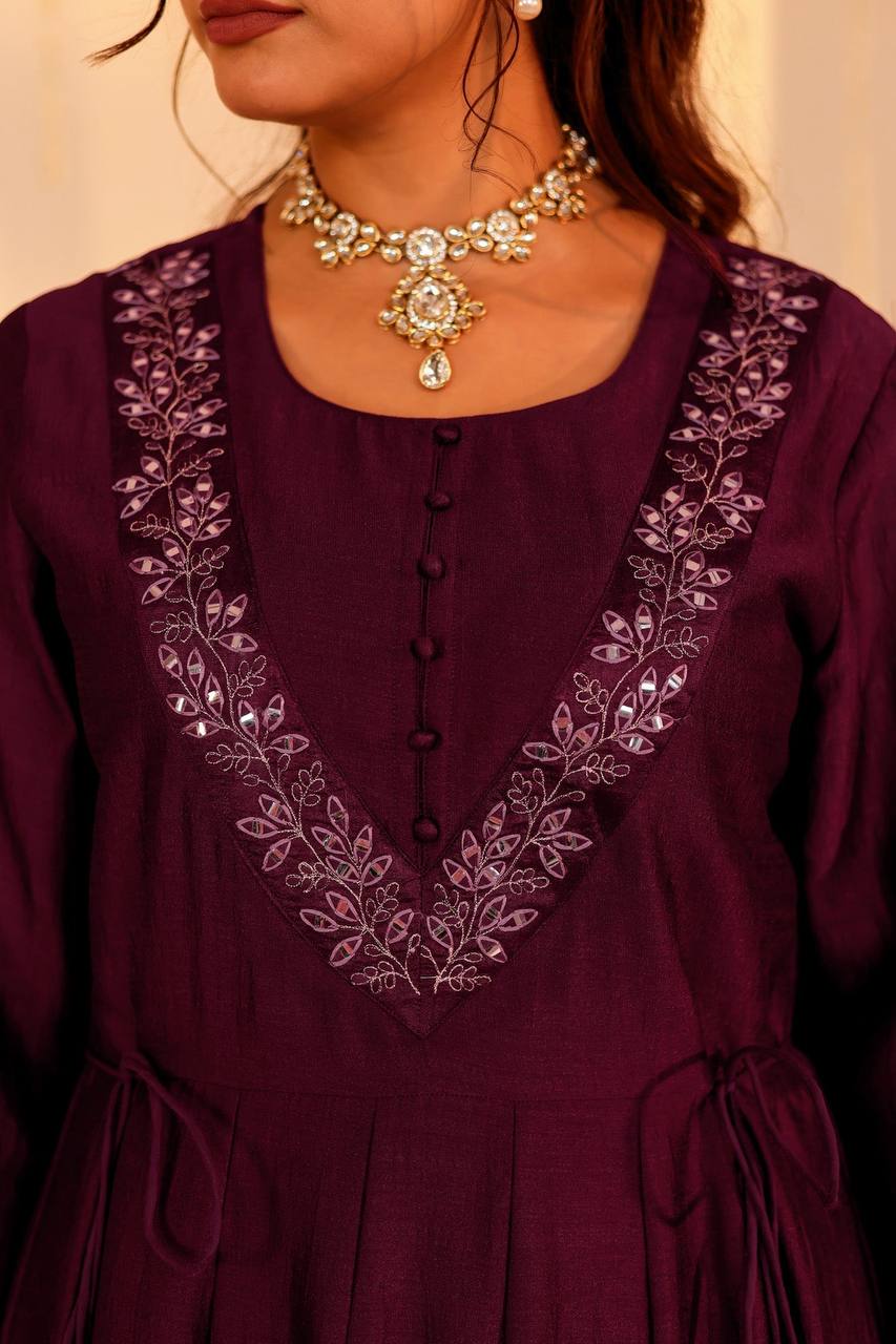 Luxurious Wine Embroidered V-Neck Anarkali Dress