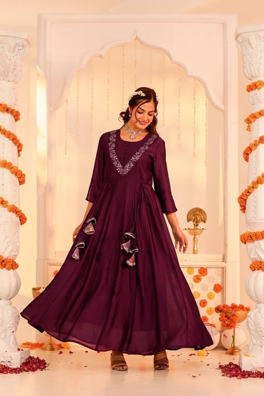 Luxurious Wine Embroidered V-Neck Anarkali Dress