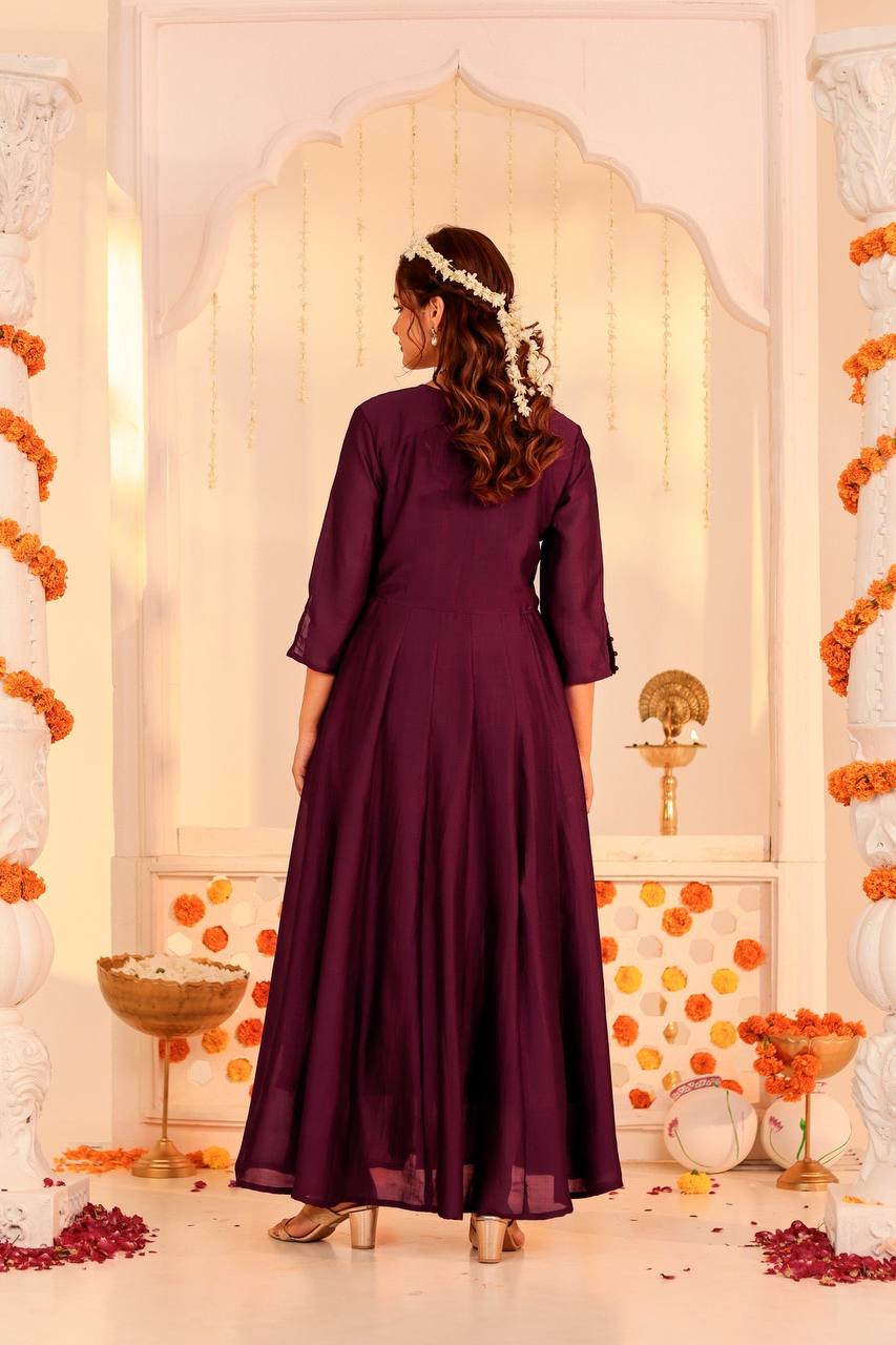 Luxurious Wine Embroidered V-Neck Anarkali Dress