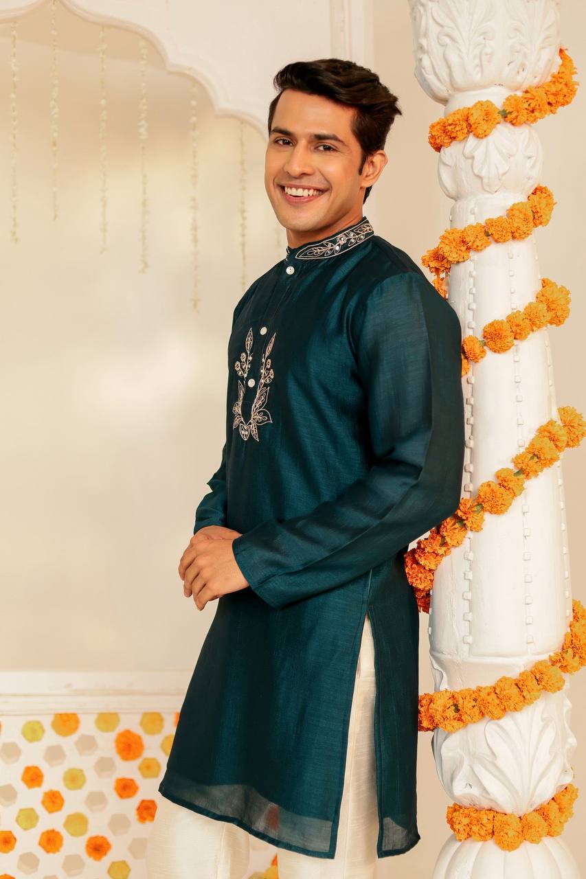 Teal Blue Embroidered Kurta for Men – Festive Elegance Redefined