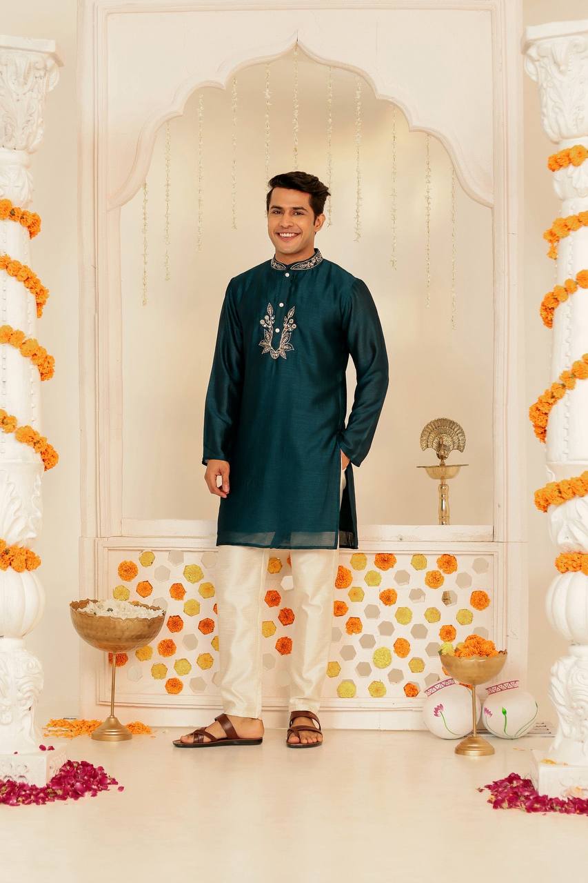 Teal Blue Embroidered Kurta for Men – Festive Elegance Redefined