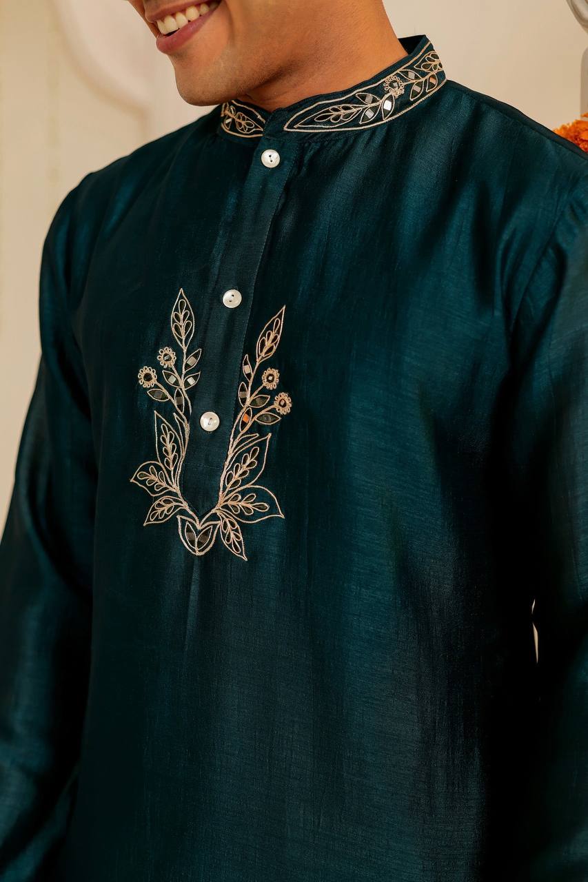 Teal Blue Embroidered Kurta for Men – Festive Elegance Redefined