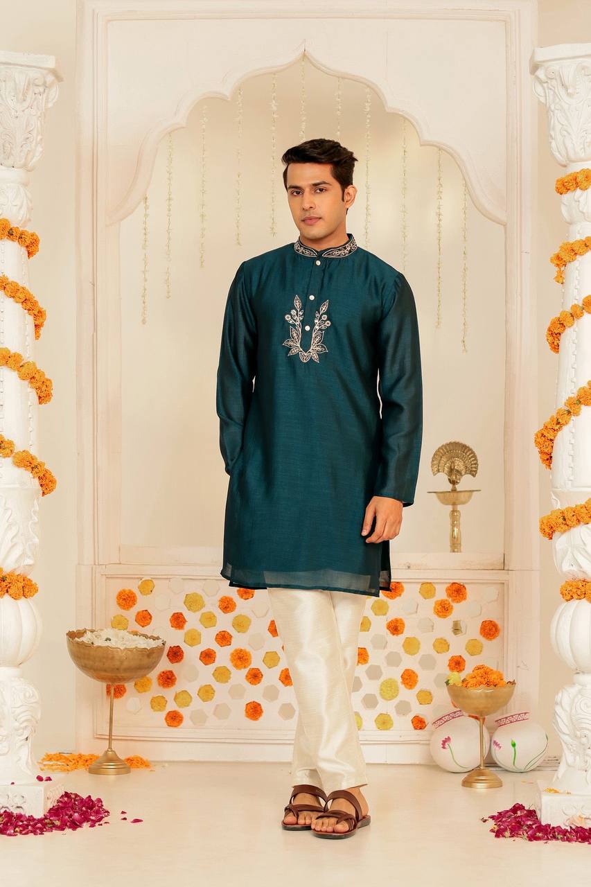 Teal Blue Embroidered Kurta for Men – Festive Elegance Redefined