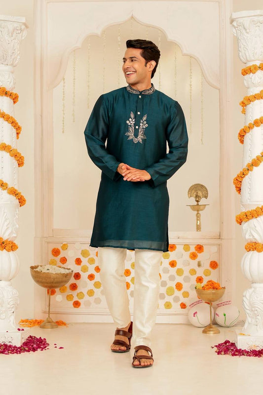 Teal Blue Embroidered Kurta for Men – Festive Elegance Redefined