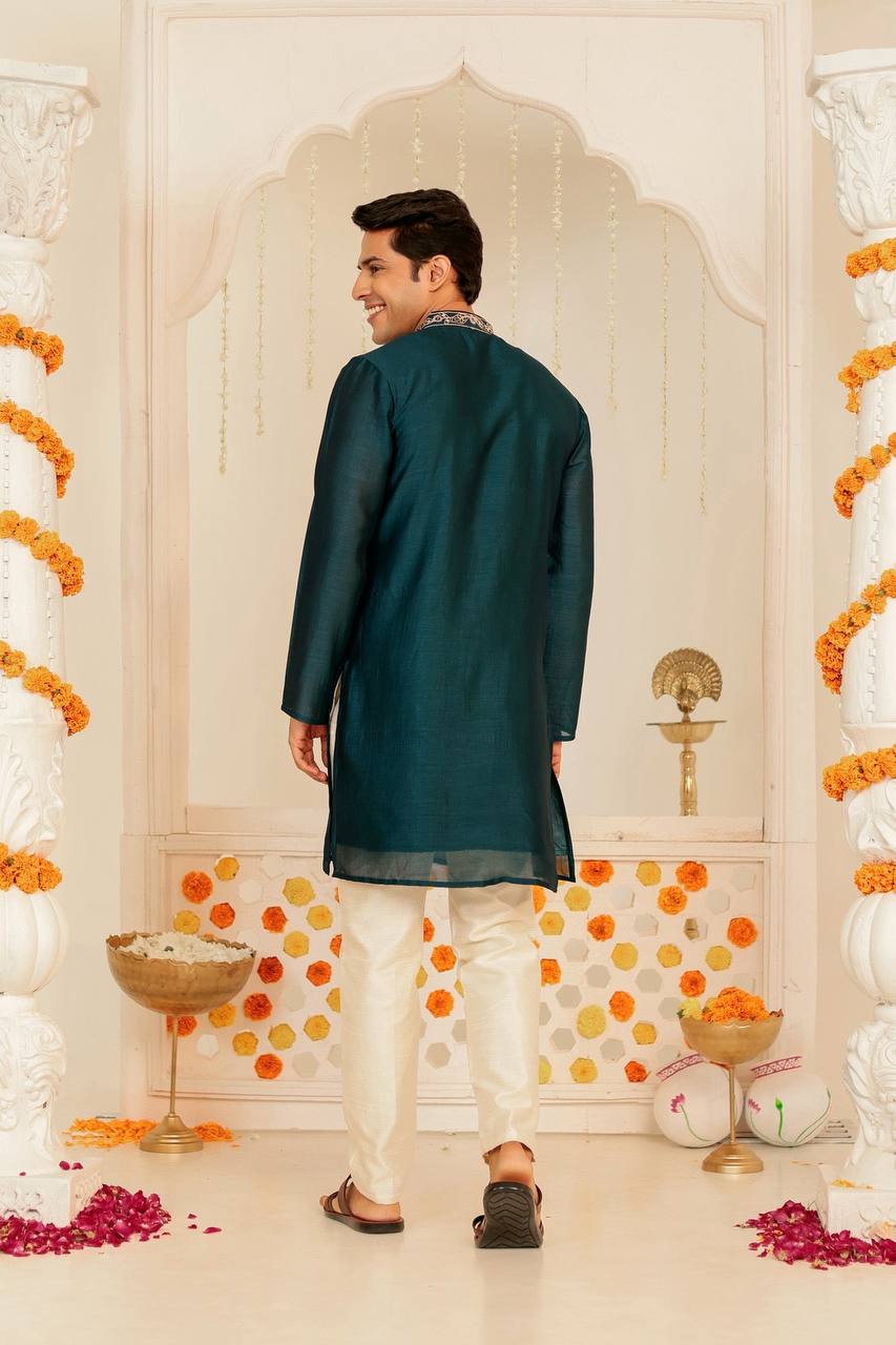 Teal Blue Embroidered Kurta for Men – Festive Elegance Redefined