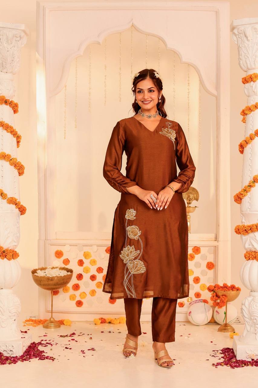 Exquisite Rust Orange Silk Kurta Set with Gold Embroidery