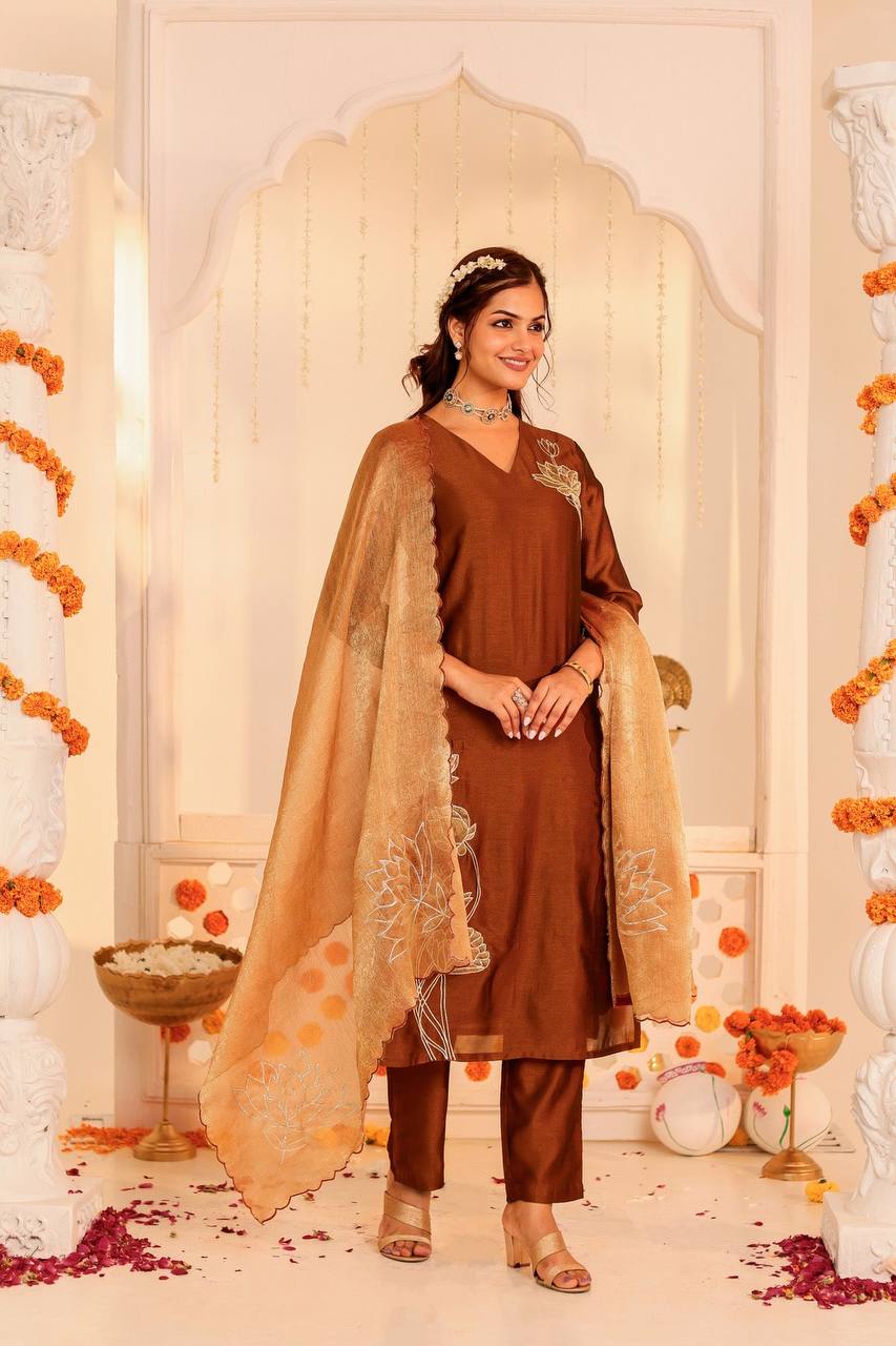 Exquisite Rust Orange Silk Kurta Set with Gold Embroidery