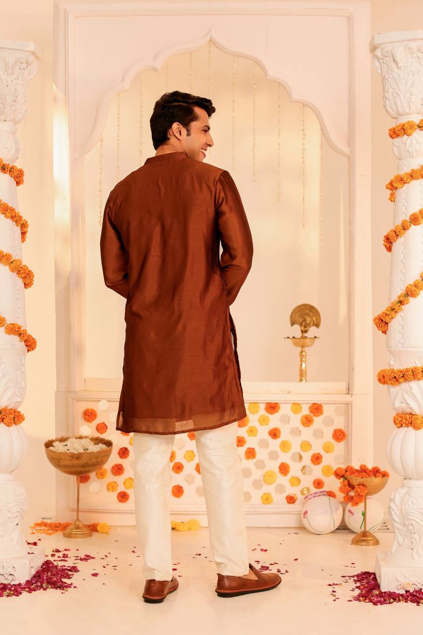 Rust Orange Silk Embroidered Kurta for Men – Festive Elegance