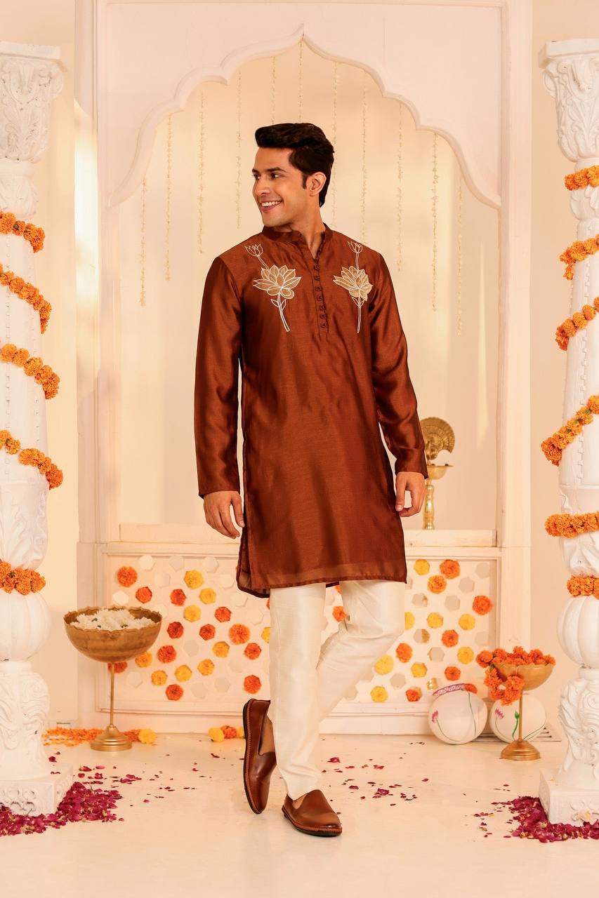 Rust Orange Silk Embroidered Kurta for Men – Festive Elegance