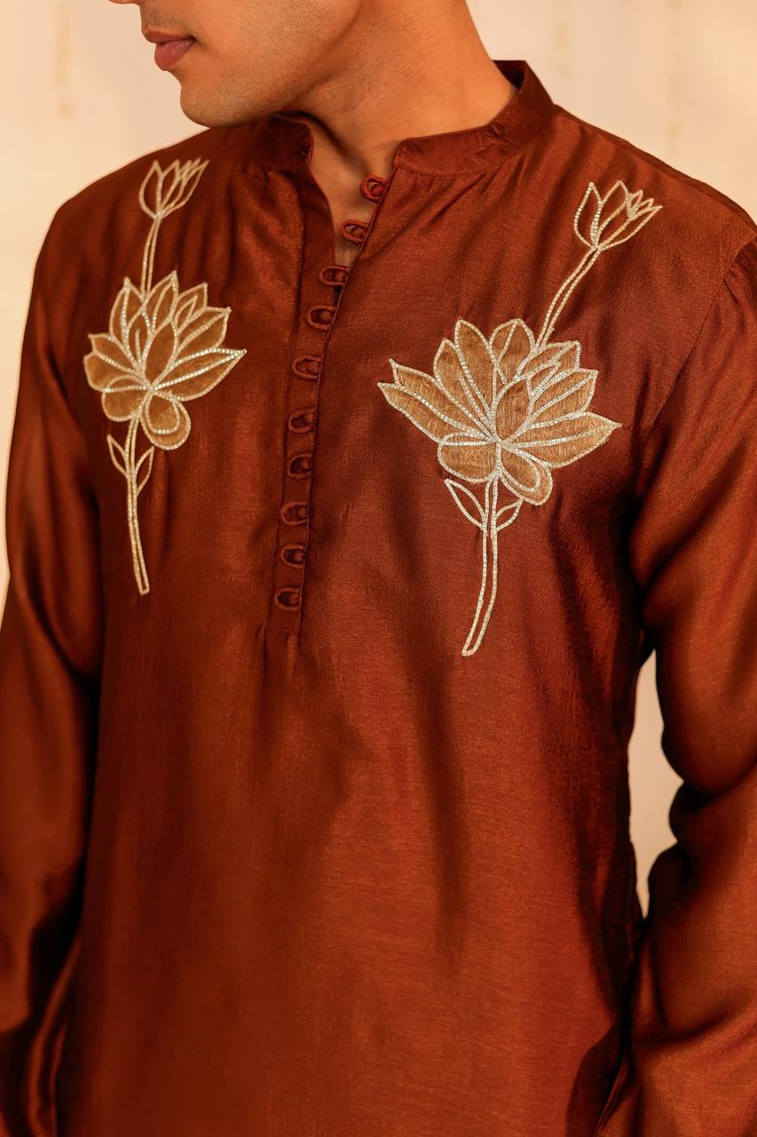 Rust Orange Silk Embroidered Kurta for Men – Festive Elegance