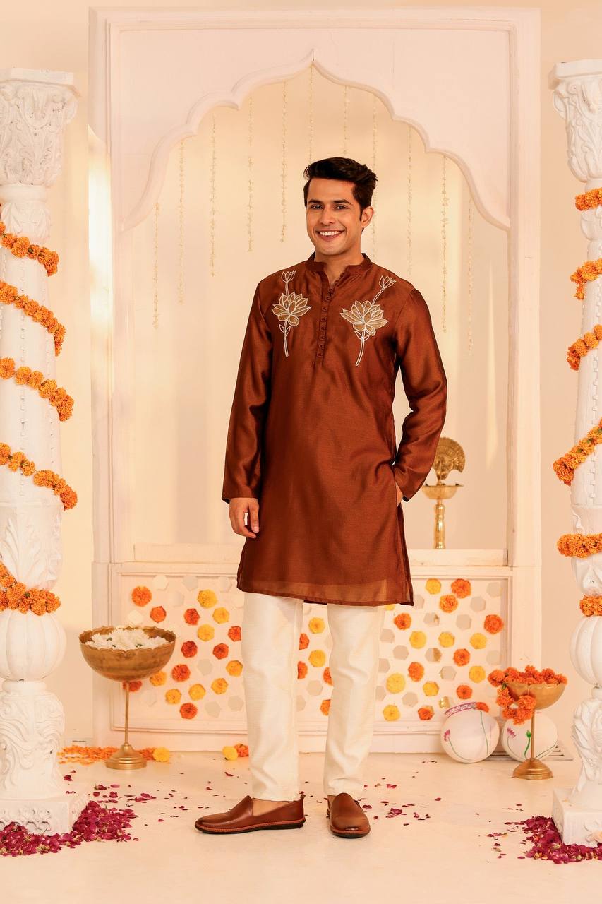 Rust Orange Silk Embroidered Kurta for Men – Festive Elegance