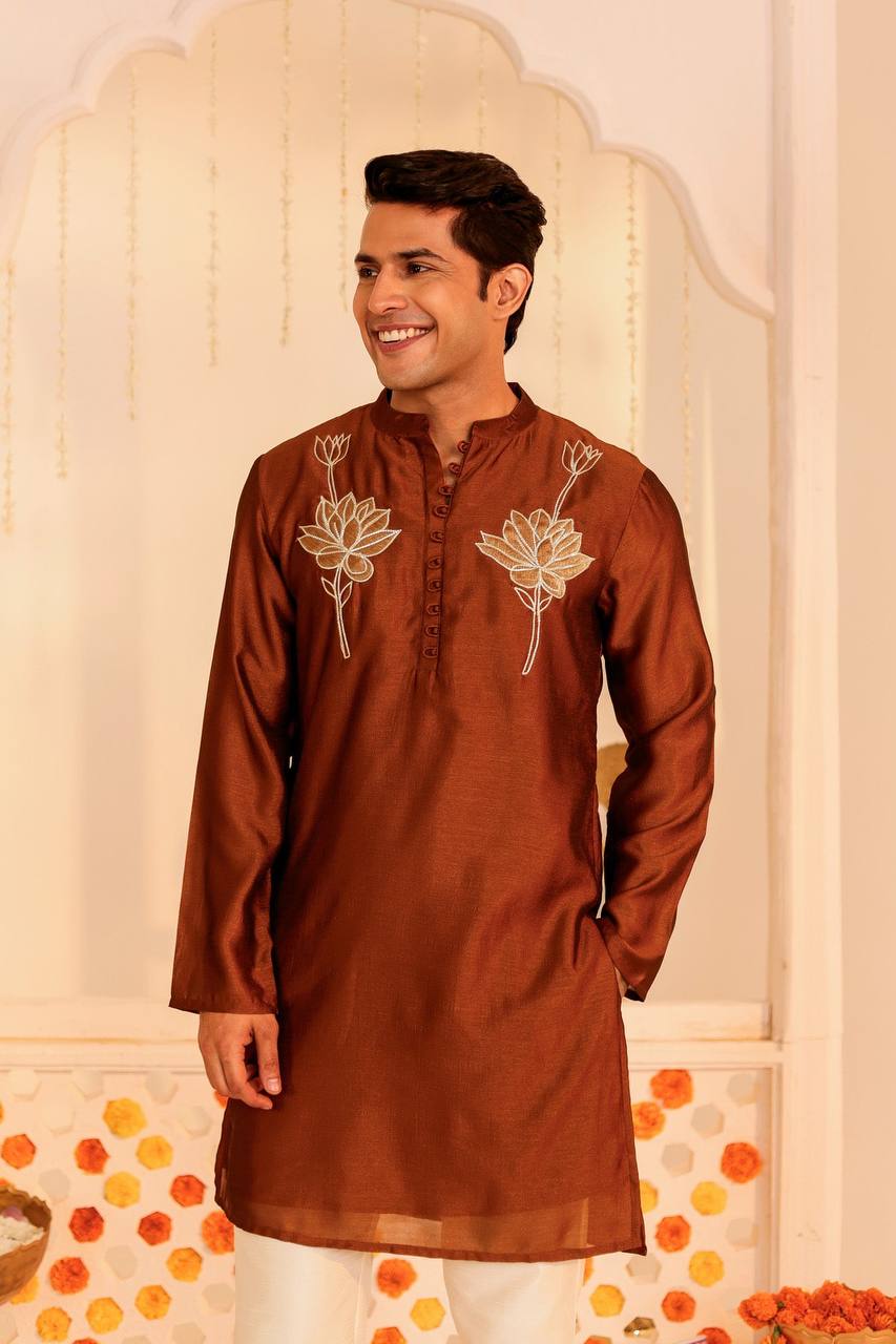 Rust Orange Silk Embroidered Kurta for Men – Festive Elegance