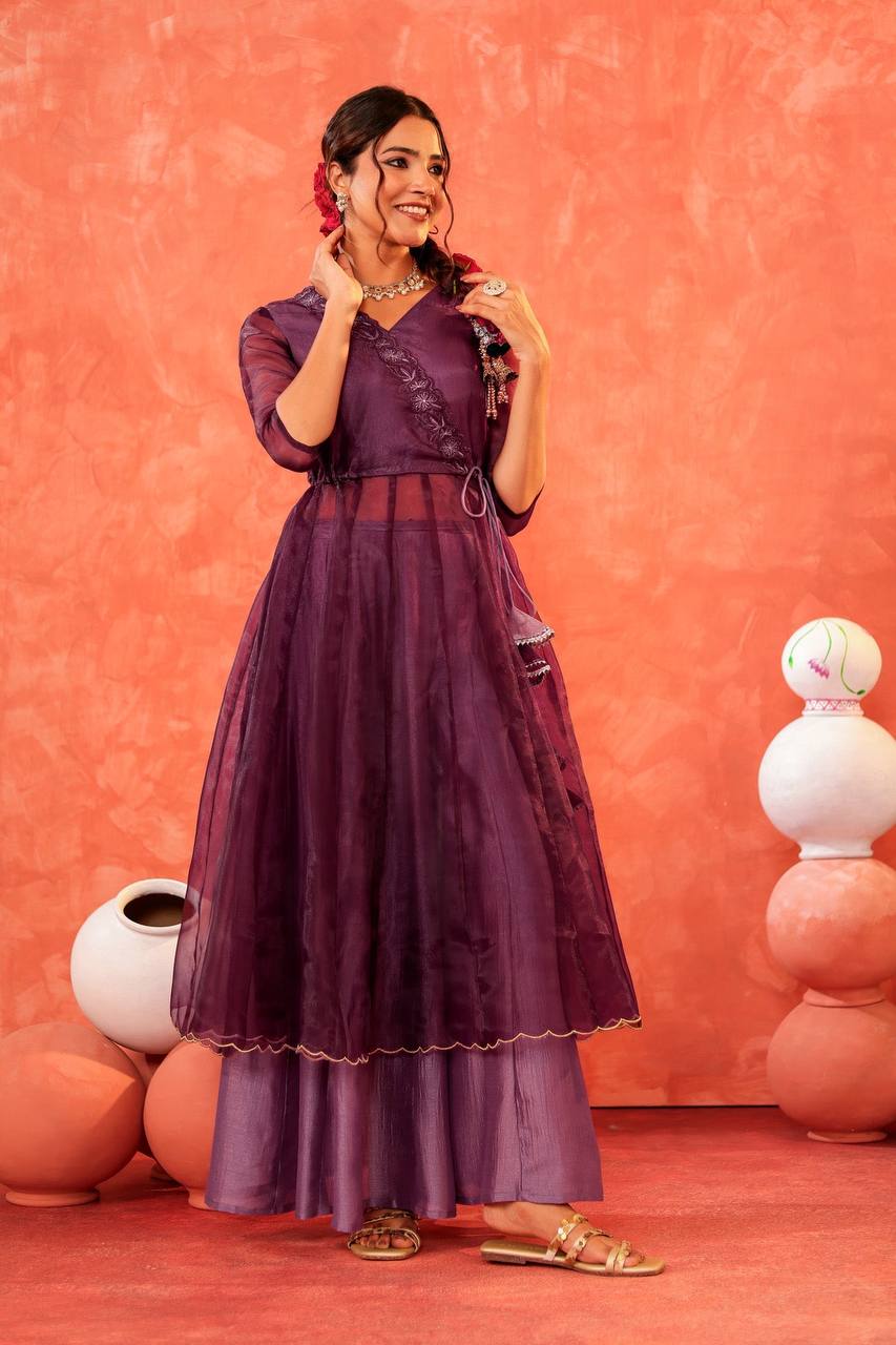 Elegant Purple Angrakha Palazzo Set, Embroidered Angrakha Kurta with Palazzo Pants, Festive Purple Angrakha Set for Women, Royal Purple Angrakha Suit Set, and Designer Purple Angrakha with Palazzo.