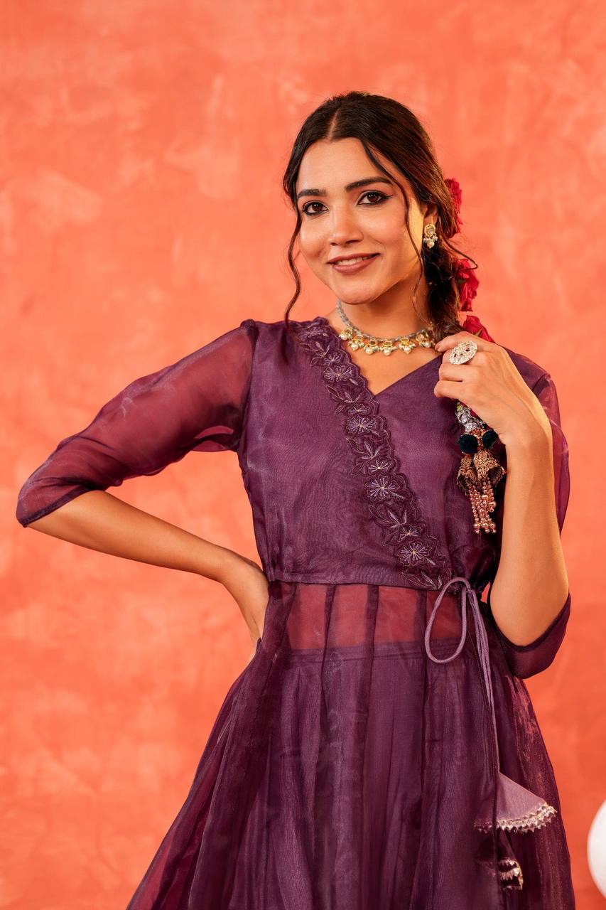 Elegant Purple Angrakha Palazzo Set, Embroidered Angrakha Kurta with Palazzo Pants, Festive Purple Angrakha Set for Women, Royal Purple Angrakha Suit Set, and Designer Purple Angrakha with Palazzo.