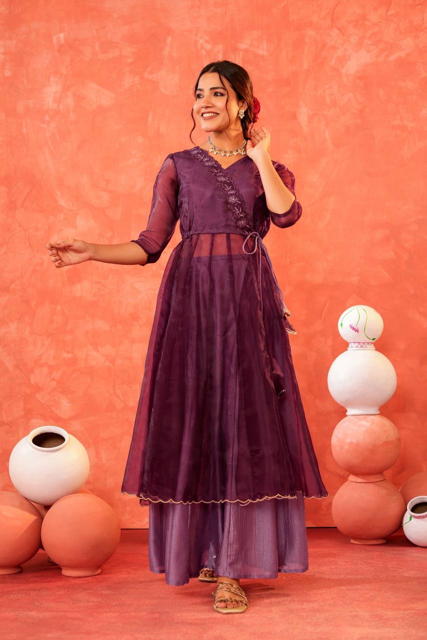 Elegant Purple Angrakha Palazzo Set, Embroidered Angrakha Kurta with Palazzo Pants, Festive Purple Angrakha Set for Women, Royal Purple Angrakha Suit Set, and Designer Purple Angrakha with Palazzo.