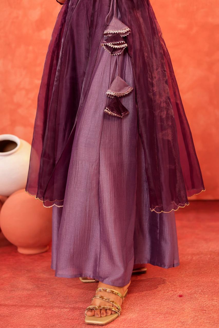 Elegant Purple Angrakha Palazzo Set, Embroidered Angrakha Kurta with Palazzo Pants, Festive Purple Angrakha Set for Women, Royal Purple Angrakha Suit Set, and Designer Purple Angrakha with Palazzo.