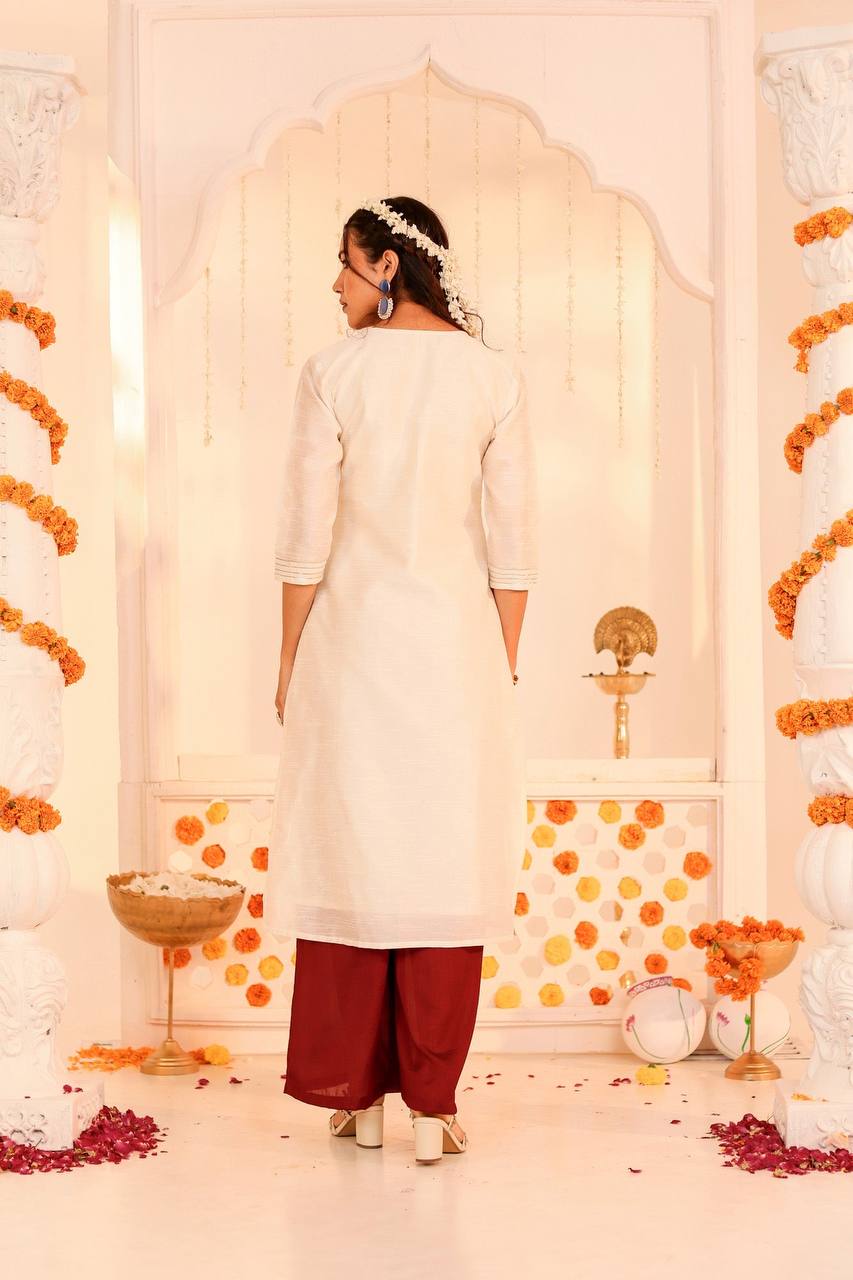 Pristine Pearl White Kurta Set with Contrasting Maroon Palazzo