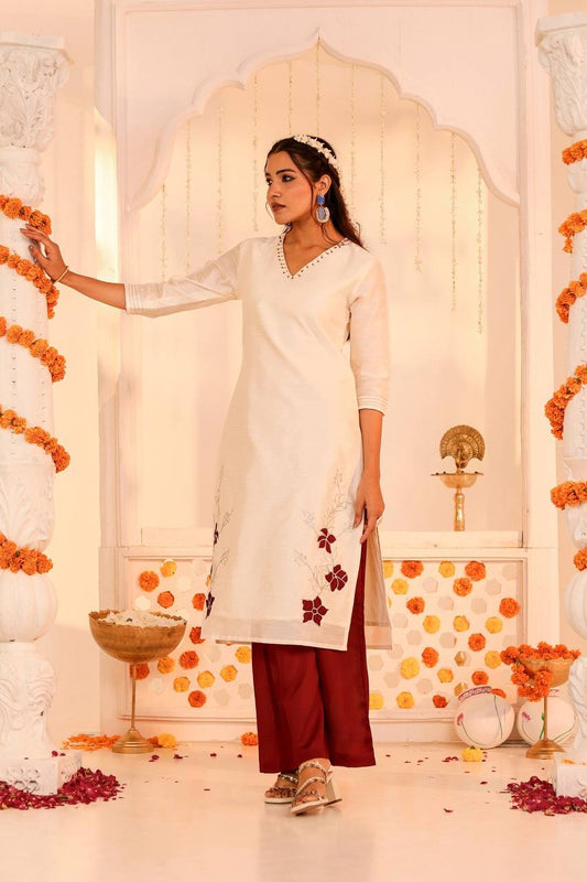 Pristine Pearl White Kurta Set with Contrasting Maroon Palazzo