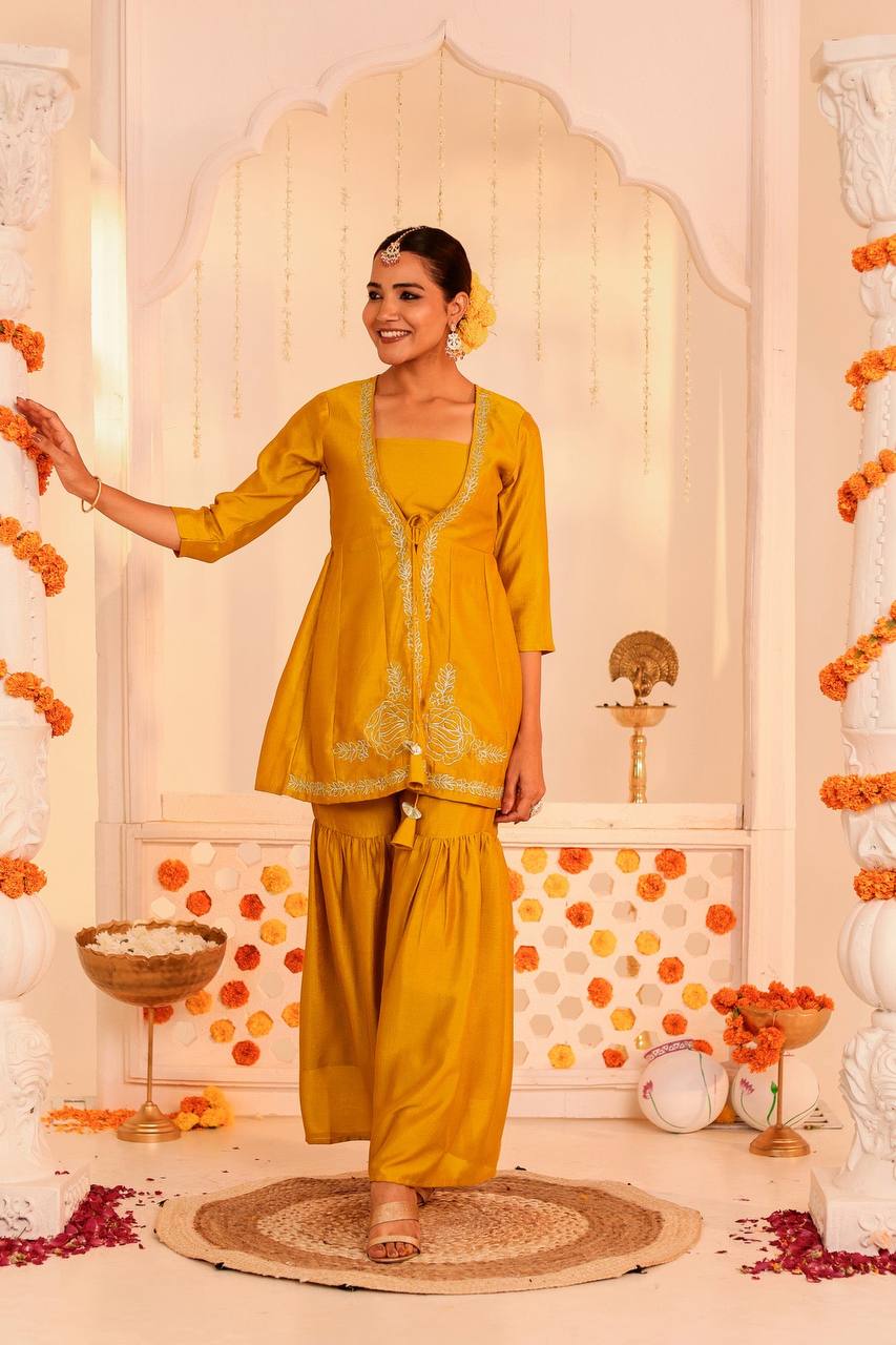 Radiant Mustard Yellow Kurti & Sharara Set – Festive Elegance