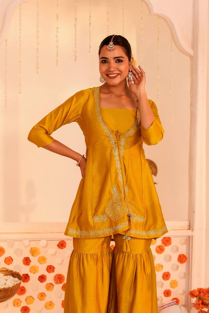 Radiant Mustard Yellow Kurti & Sharara Set – Festive Elegance