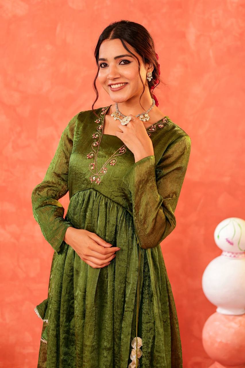 Radiant Olive Green Mehndi Utsav Dress with Embroidery Olive Green Embroidered Anarkali – Mehndi Elegance Redefined