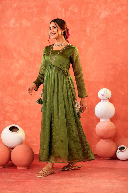 Radiant Olive Green Mehndi Utsav Dress with Embroidery Olive Green Embroidered Anarkali – Mehndi Elegance Redefined