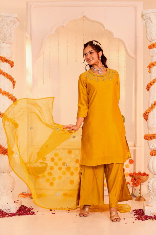 Vibrant Mustard Festive Kurta Set with Organza Dupatta Shine Bright in the Mustard Aster Kurta & Palazzo Ensemble