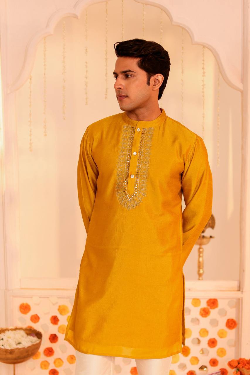 Timeless Elegance: Mustard Embroidered Men's Kurta for Festive Occasions