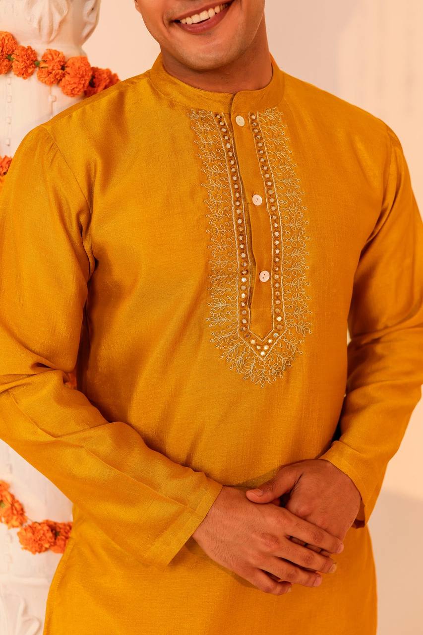 Timeless Elegance: Mustard Embroidered Men's Kurta for Festive Occasions