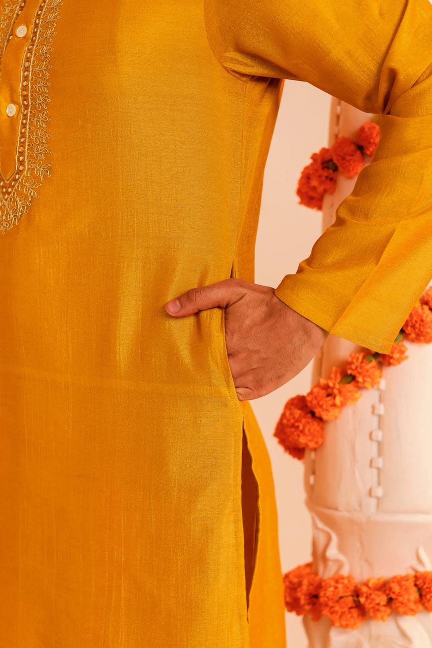 Timeless Elegance: Mustard Embroidered Men's Kurta for Festive Occasions