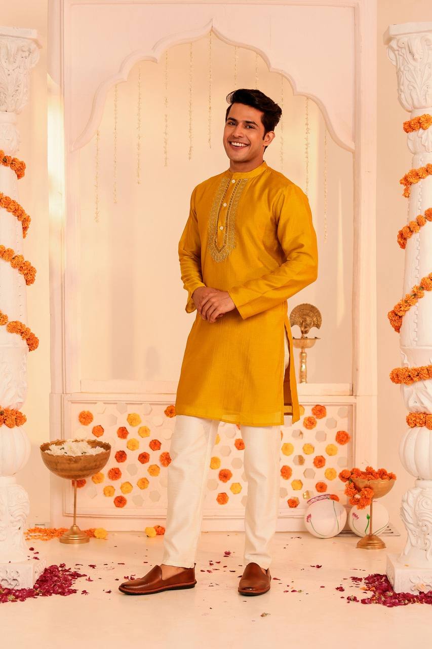 Timeless Elegance: Mustard Embroidered Men's Kurta for Festive Occasions