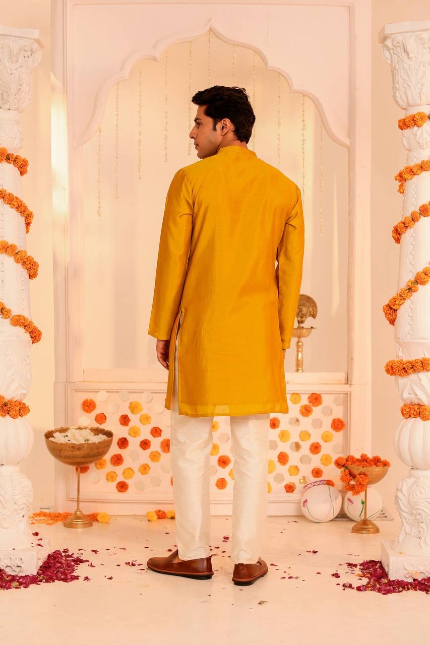 Timeless Elegance: Mustard Embroidered Men's Kurta for Festive Occasions