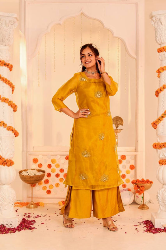 Vibrant Mustard Kurta & Palazzo Set – Festive Glam Redefined Radiant Mustard Ensemble – Perfect for Festive Occasions