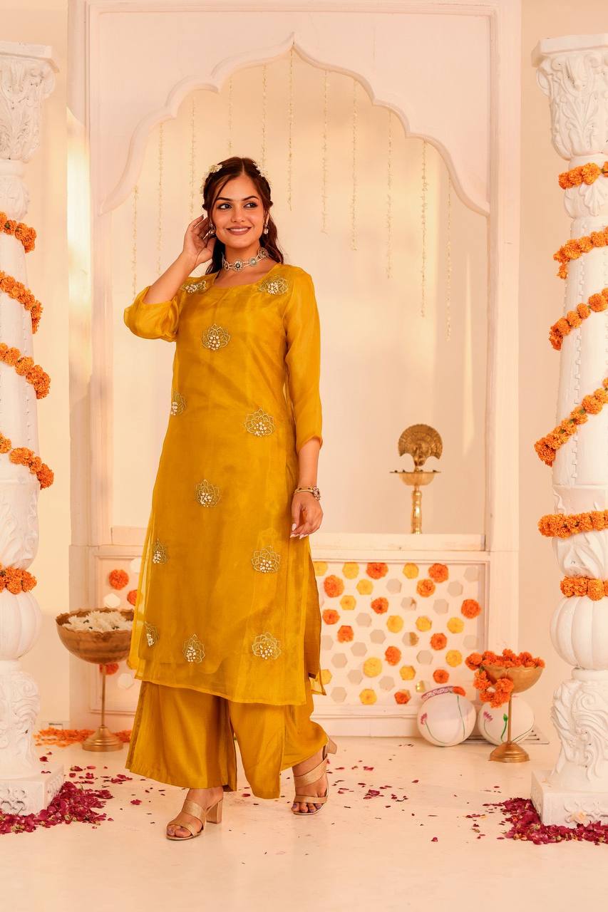 Vibrant Mustard Kurta & Palazzo Set – Festive Glam Redefined Radiant Mustard Ensemble – Perfect for Festive Occasions