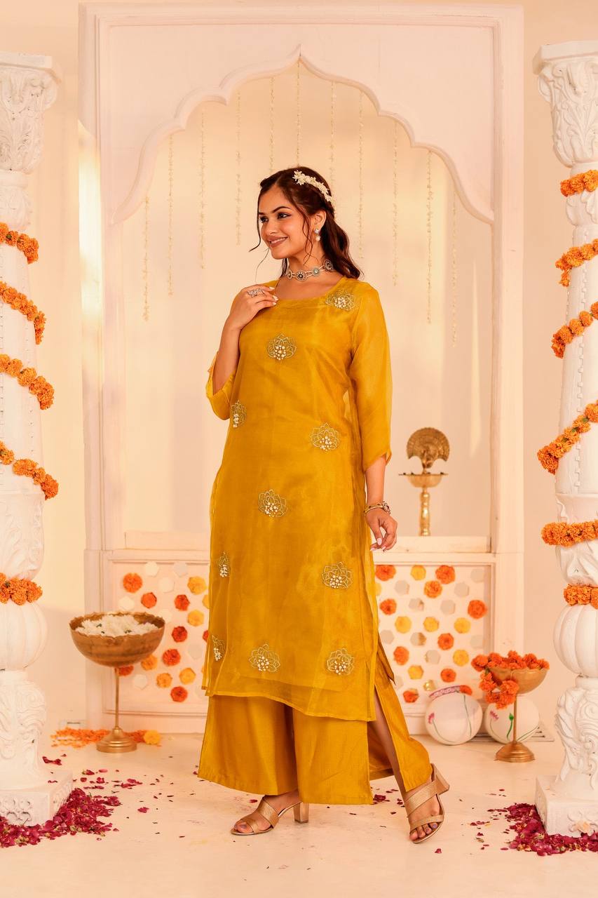 Vibrant Mustard Kurta & Palazzo Set – Festive Glam Redefined Radiant Mustard Ensemble – Perfect for Festive Occasions