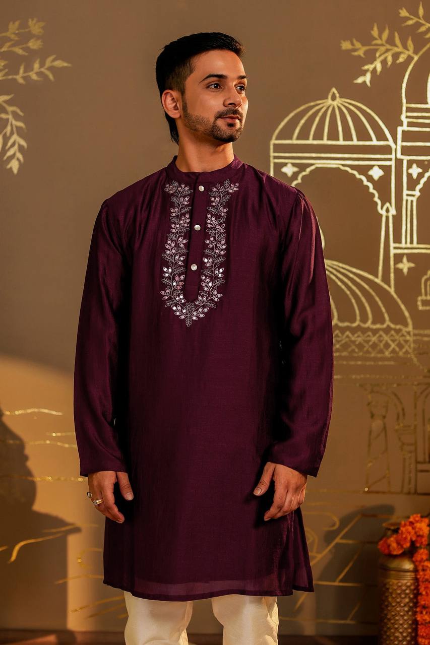 Regal Magenta Silk Kurta – Perfect for Festive Celebrations Elegant Hand-Embroidered Magenta Silk Kurta for Men