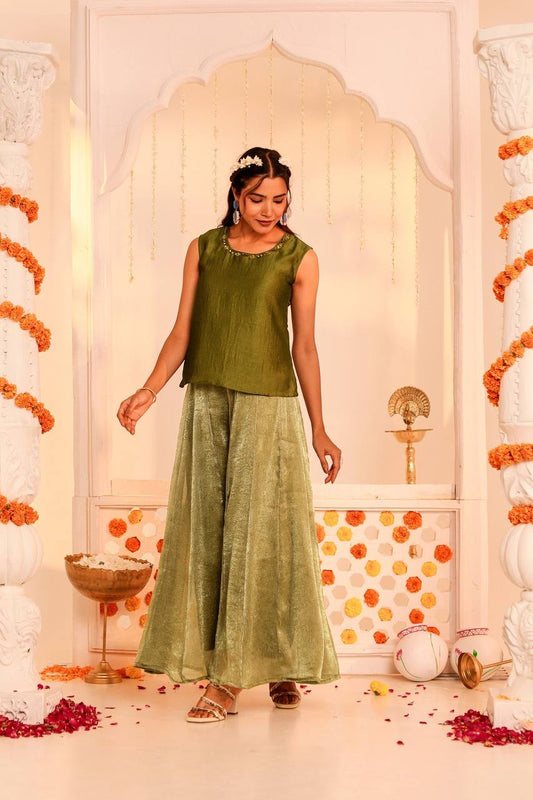 Chic Festive Look: Olive Green Kurti & Palazzo Combo Effortless Style: Embroidered Olive Green Kurti and Palazzos Timeless Olive Green Kurti Set for Every Occasion