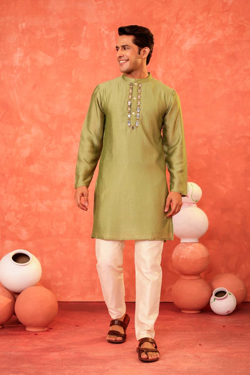 Stylish Men's Green Kurta Set for Special Occasions Festive Green Kurta Pajama: Mirror Work Sophistication Traditional Elegance: Green Silk Blend Kurta Pajama for Men