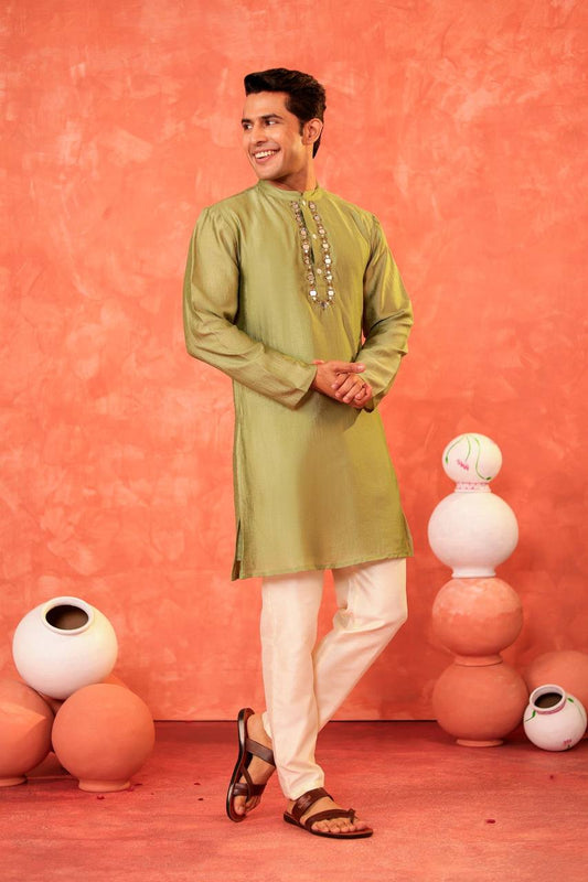 Stylish Men's Green Kurta Set for Special Occasions Festive Green Kurta Pajama: Mirror Work Sophistication Traditional Elegance: Green Silk Blend Kurta Pajama for Men