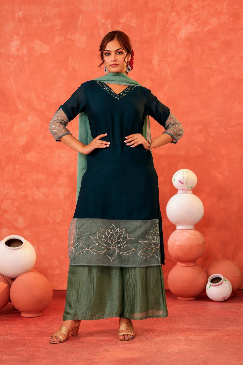 Elegant Deep blue Kurta Palazzo Set with Dupatta Floral Embroidered Green Kurta Set for Festive Elegance Jewel-Toned Green Palazzo Set with Embroidery