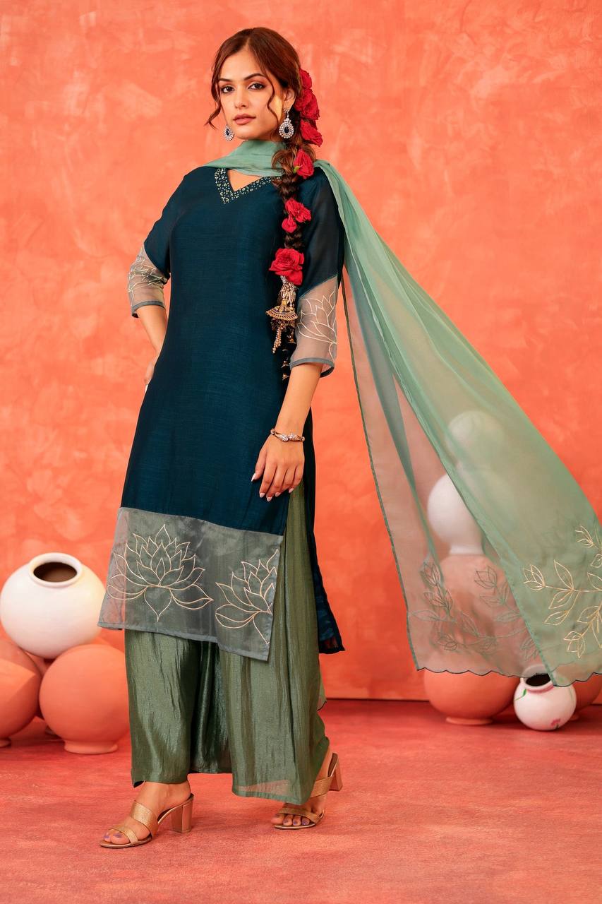 Elegant Deep blue Kurta Palazzo Set with Dupatta Floral Embroidered Green Kurta Set for Festive Elegance Jewel-Toned Green Palazzo Set with Embroidery