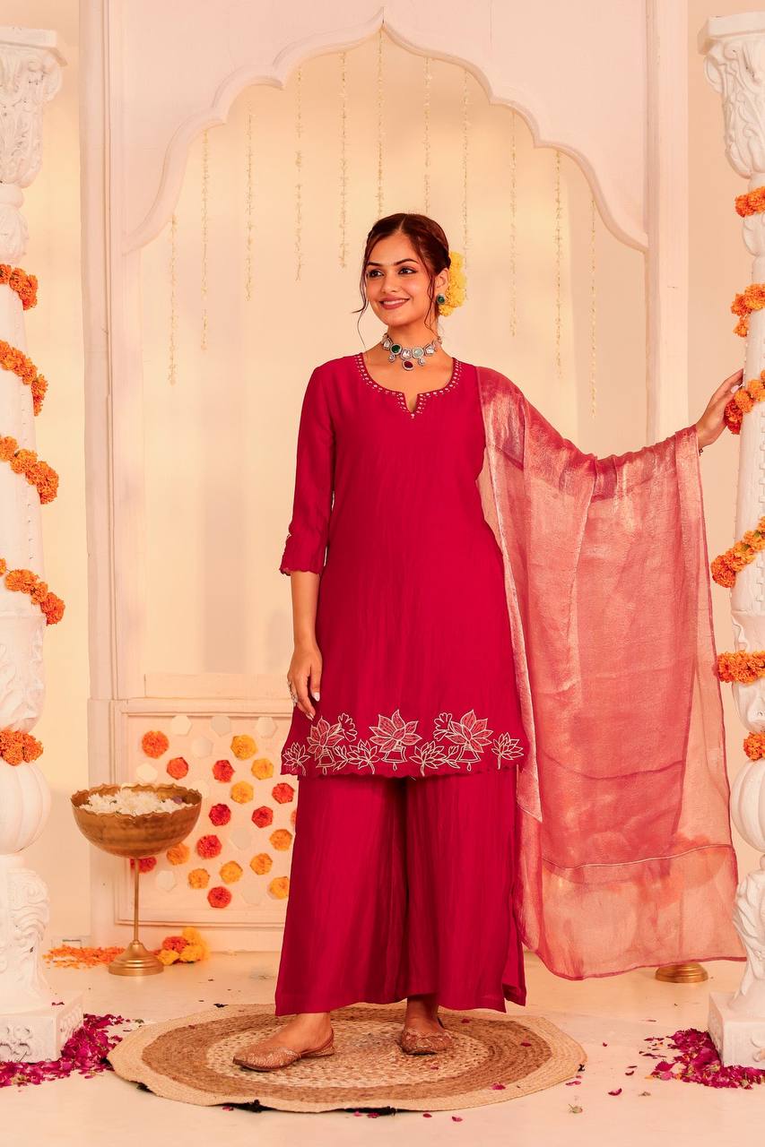 Festive Elegance: Red Kurti Set with Palazzo and Dupatta