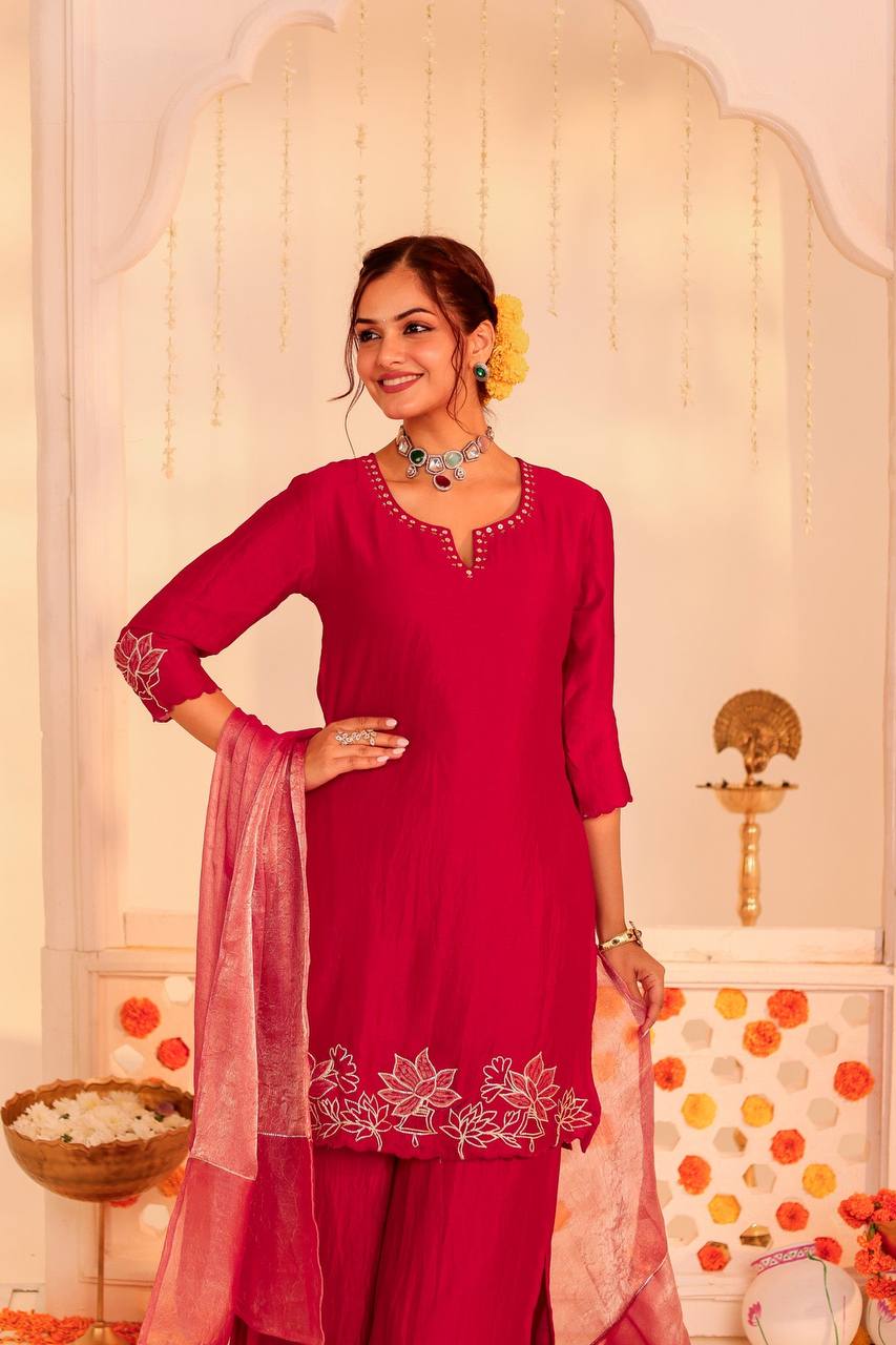 Festive Elegance: Red Kurti Set with Palazzo and Dupatta