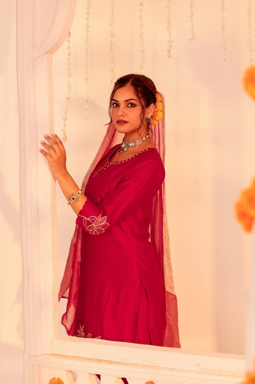 Festive Elegance: Red Kurti Set with Palazzo and Dupatta