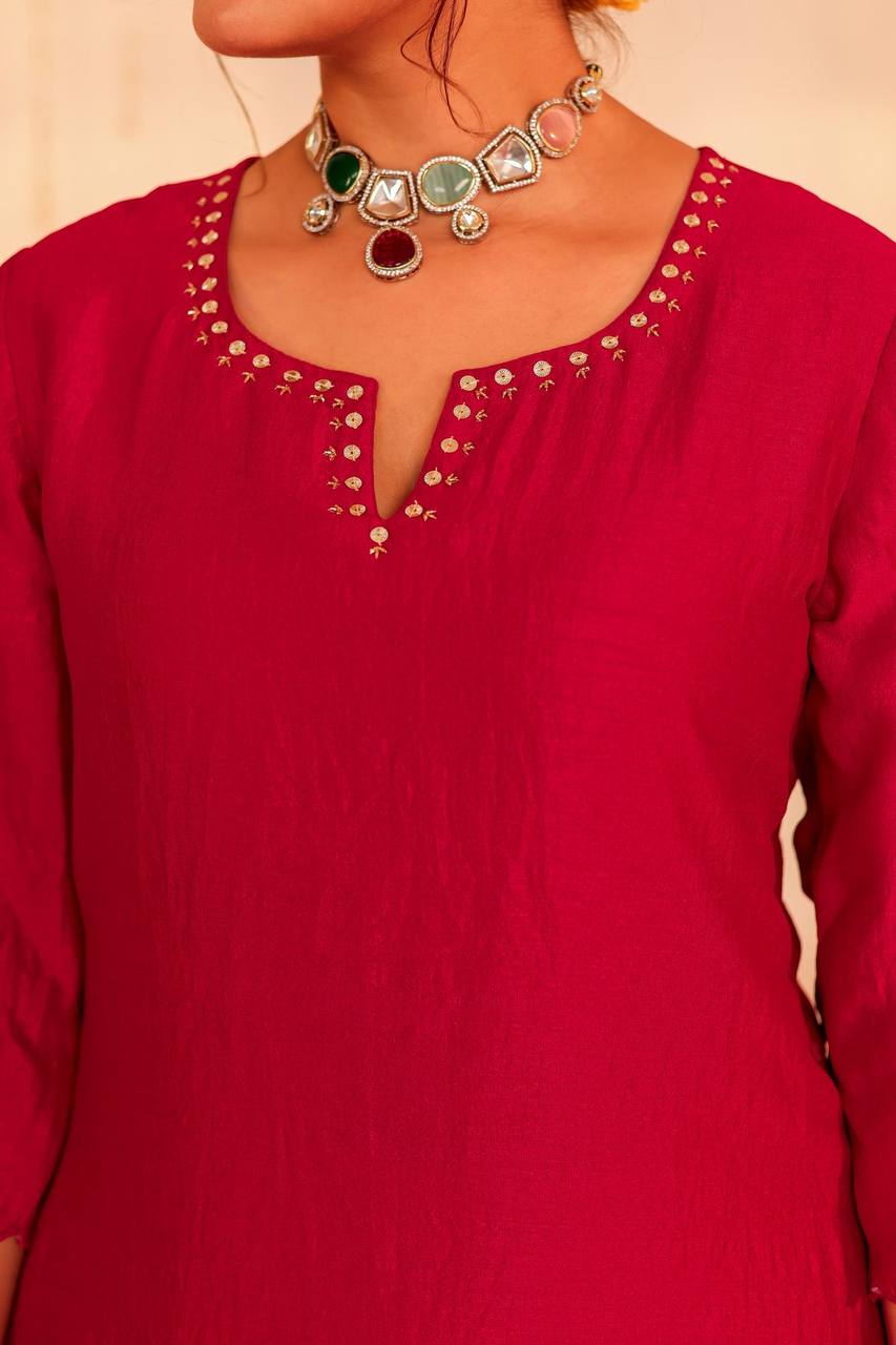 Festive Elegance: Red Kurti Set with Palazzo and Dupatta