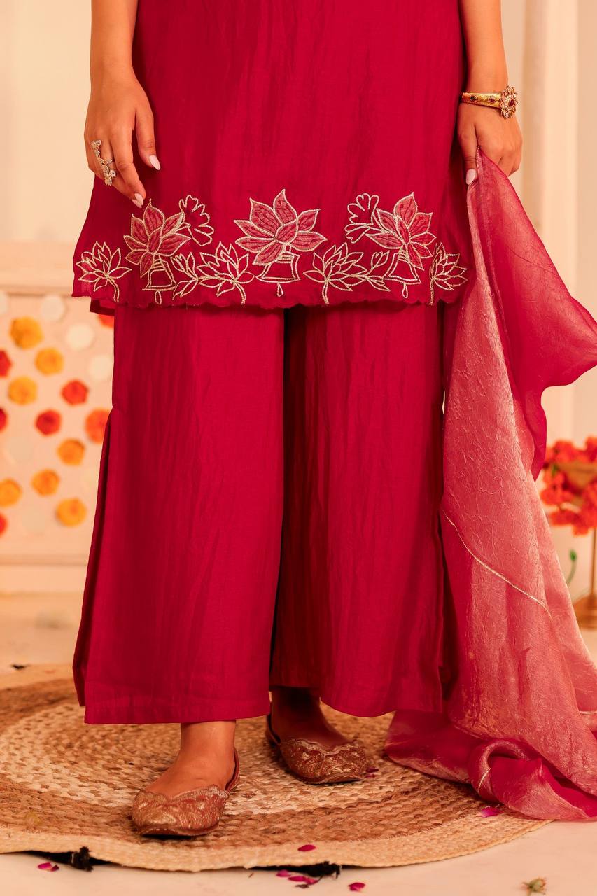 Festive Elegance: Red Kurti Set with Palazzo and Dupatta