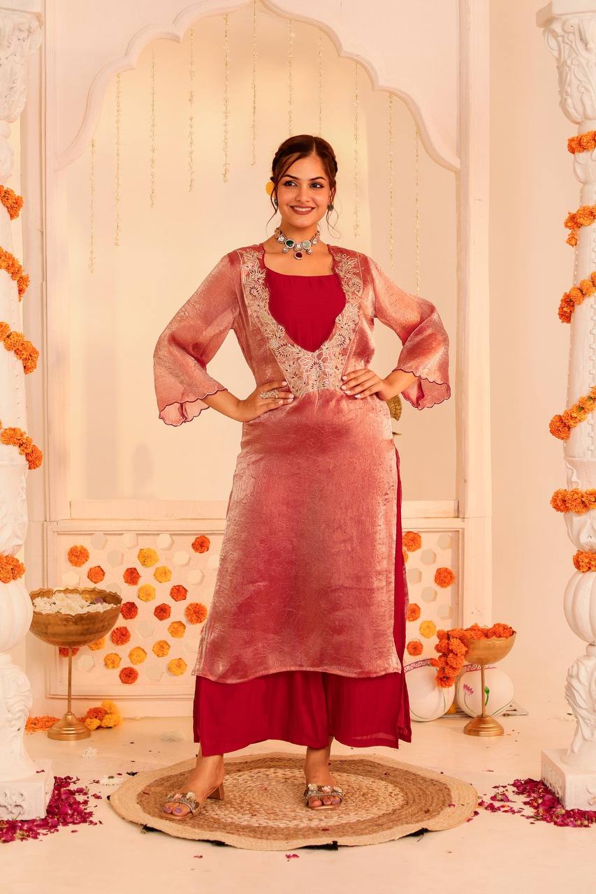 Dazzling Red Tunic Set: Perfect for Celebrations Grace in Red: Embroidered Tunic & Palazzo Combo