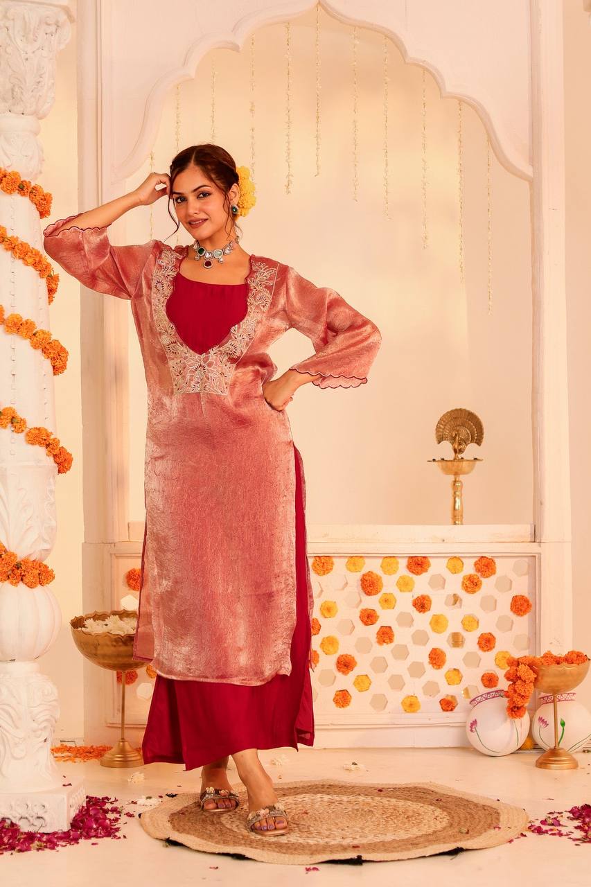 Dazzling Red Tunic Set: Perfect for Celebrations Grace in Red: Embroidered Tunic & Palazzo Combo